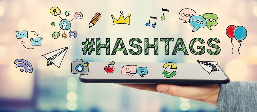 Hashtags concept with man holding a tablet computer