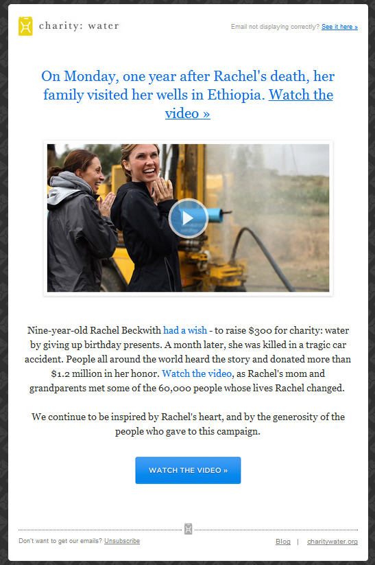 Charity Water Email Reporting Back on Rachel's Gift