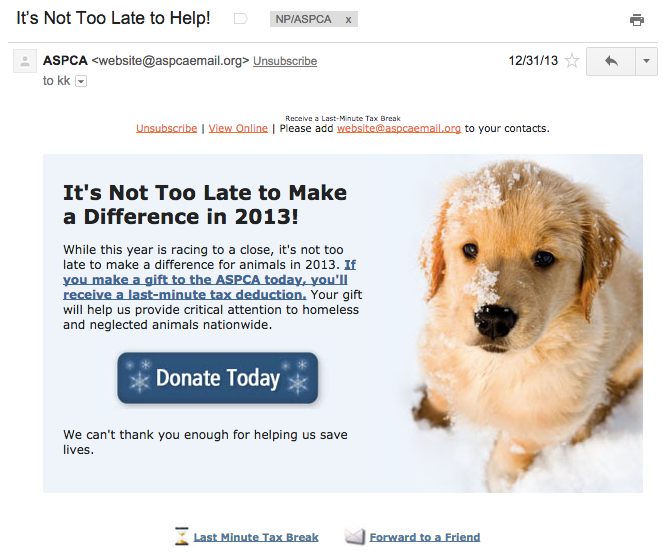 ASPCA's Dec. 31 email hits all the marks - short, sells impact, urgent, simple. 