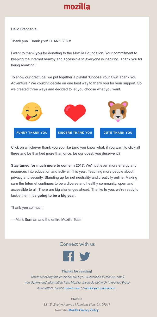 Mozilla thank you email