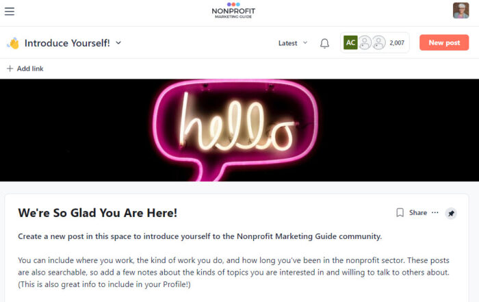 Join the Nonprofit Marketing Guide Community screenshot of welcome page