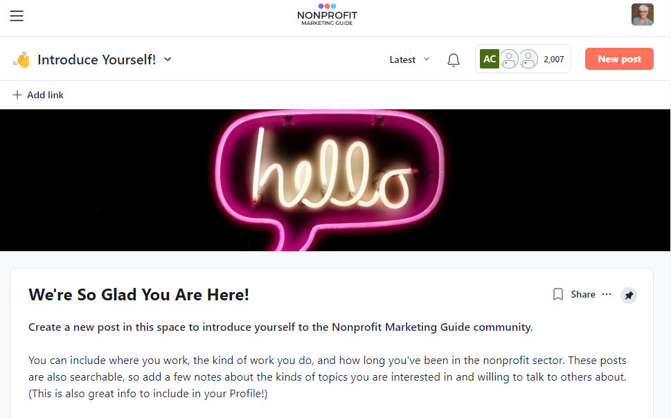 Join the Nonprofit Marketing Guide Community screenshot of welcome page